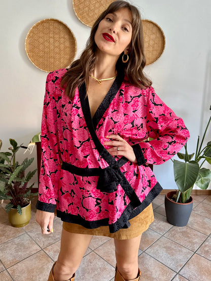 1980's vintage silk fuchsia and black floral peplum blouse with rosette details