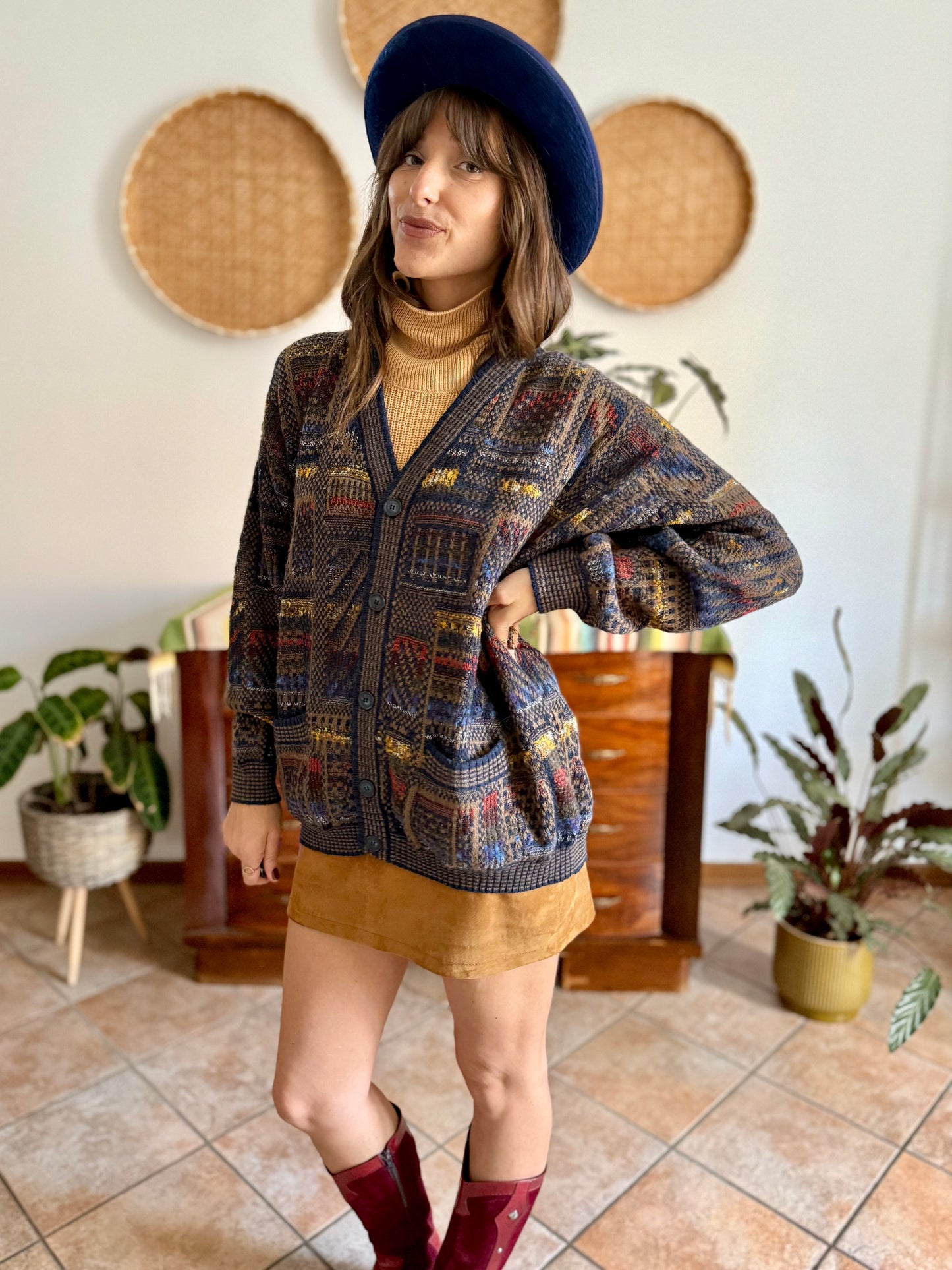 1970's vintage navy blue, chocolate brown and yellow geometric knit wool cardigan