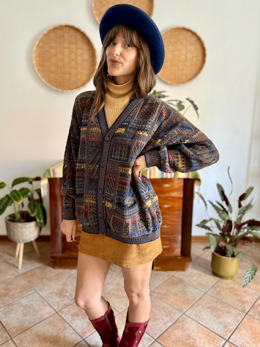 1970's vintage navy blue, chocolate brown and yellow geometric knit wool cardigan