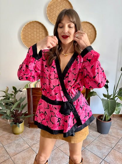 1980's vintage silk fuchsia and black floral peplum blouse with rosette details
