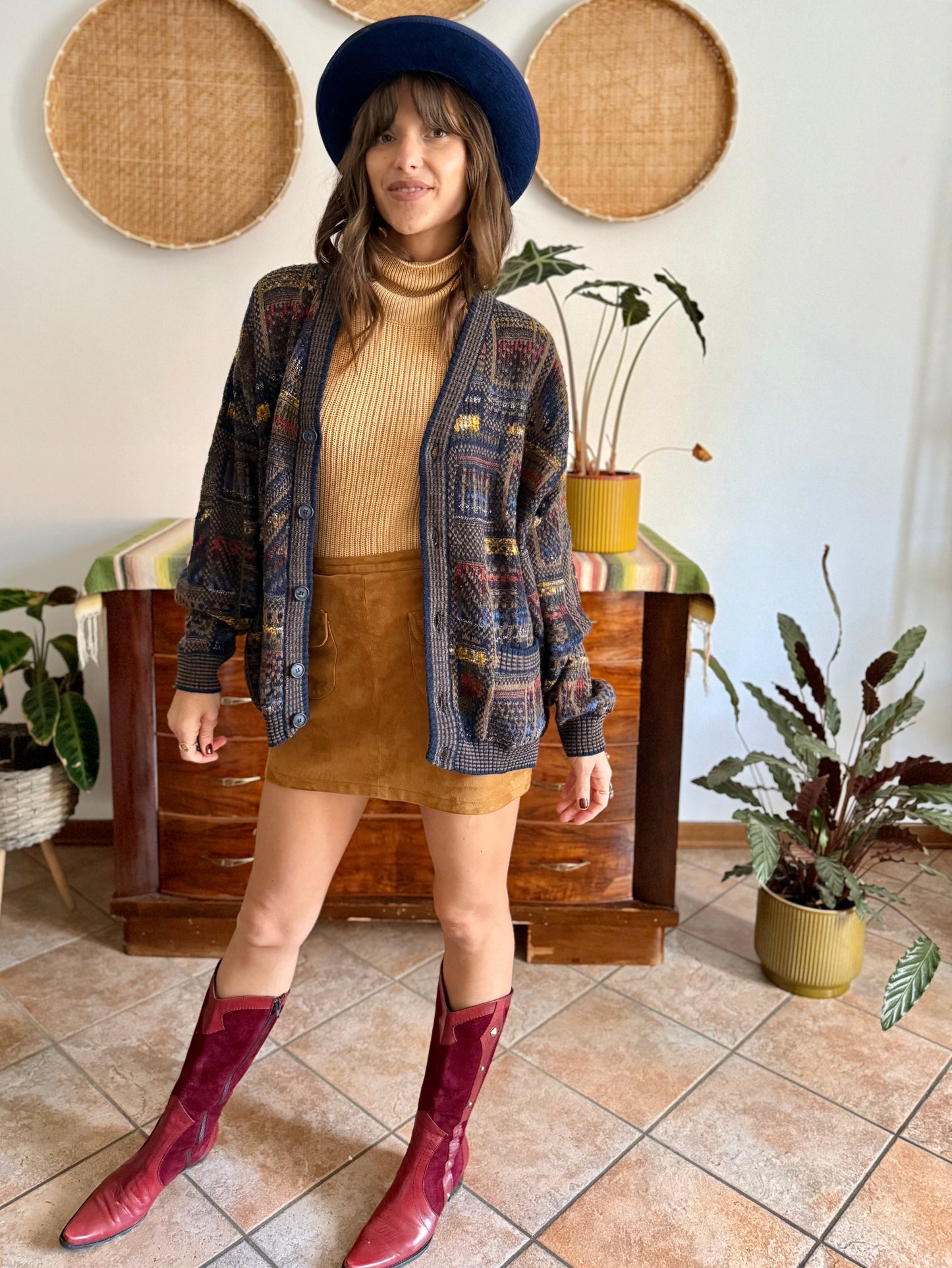 1970's vintage navy blue, chocolate brown and yellow geometric knit wool cardigan