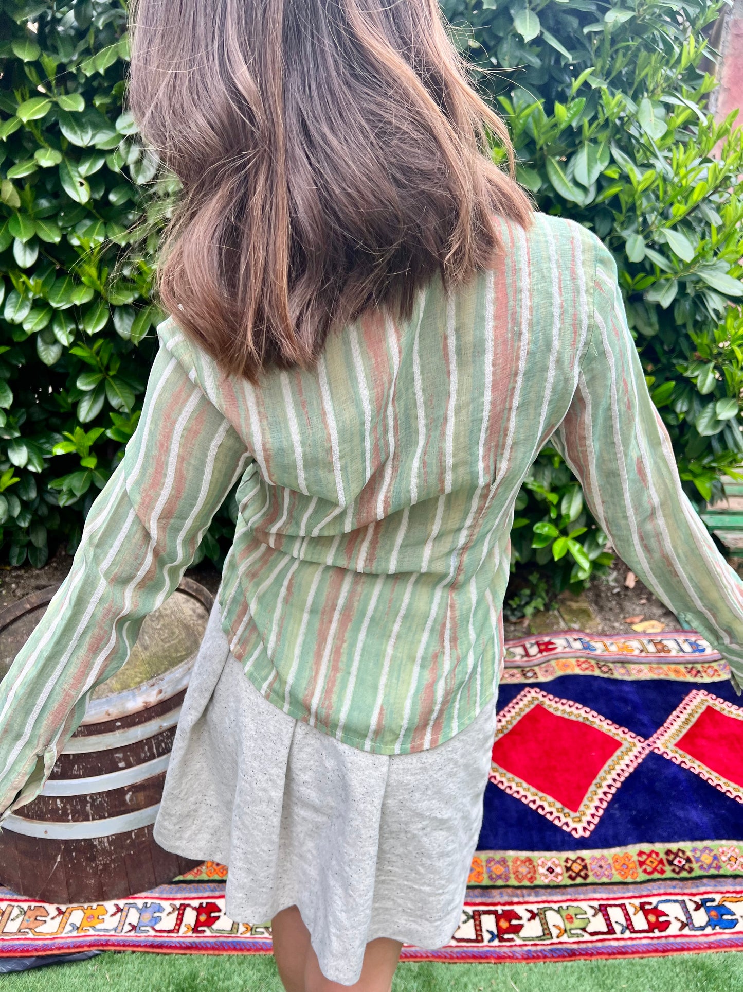 1970's vintage green and beige semi sheer textured stripe blouse