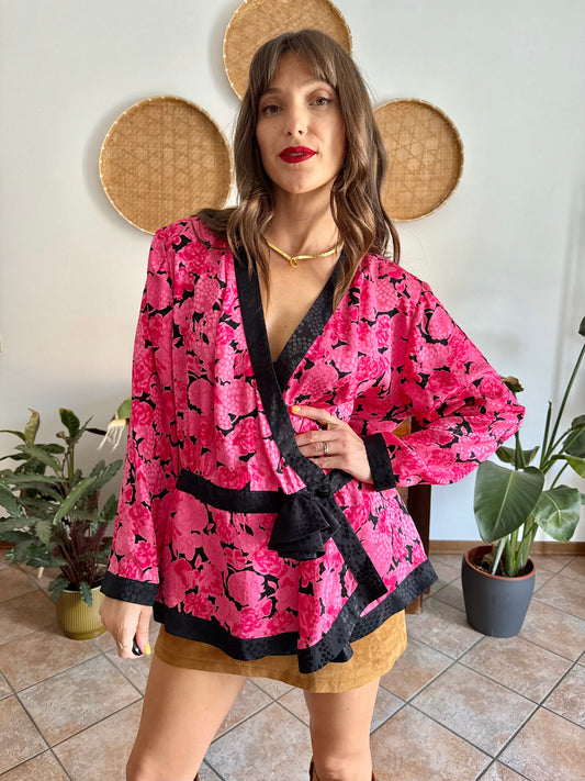 1980's vintage silk fuchsia and black floral peplum blouse with rosette details