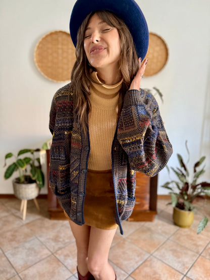 1970's vintage navy blue, chocolate brown and yellow geometric knit wool cardigan