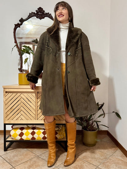 1970's vintage chocolate brown shearling monotone coat with embroidery details