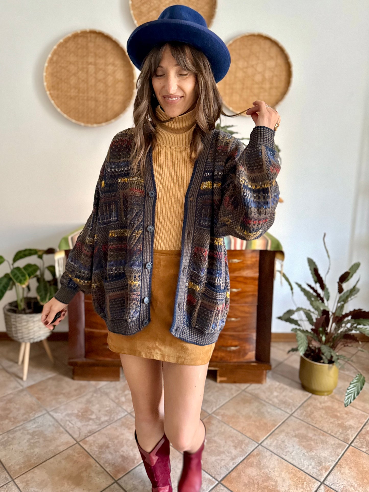 1970's vintage navy blue, chocolate brown and yellow geometric knit wool cardigan