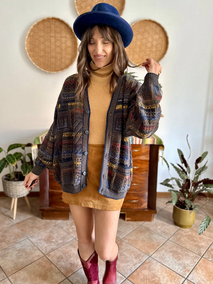 1970's vintage navy blue, chocolate brown and yellow geometric knit wool cardigan