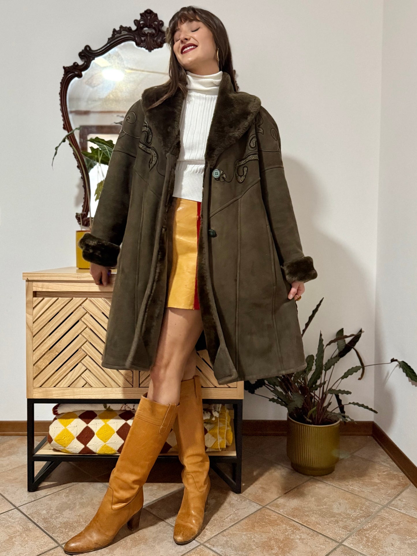 1970's vintage chocolate brown shearling monotone coat with embroidery details