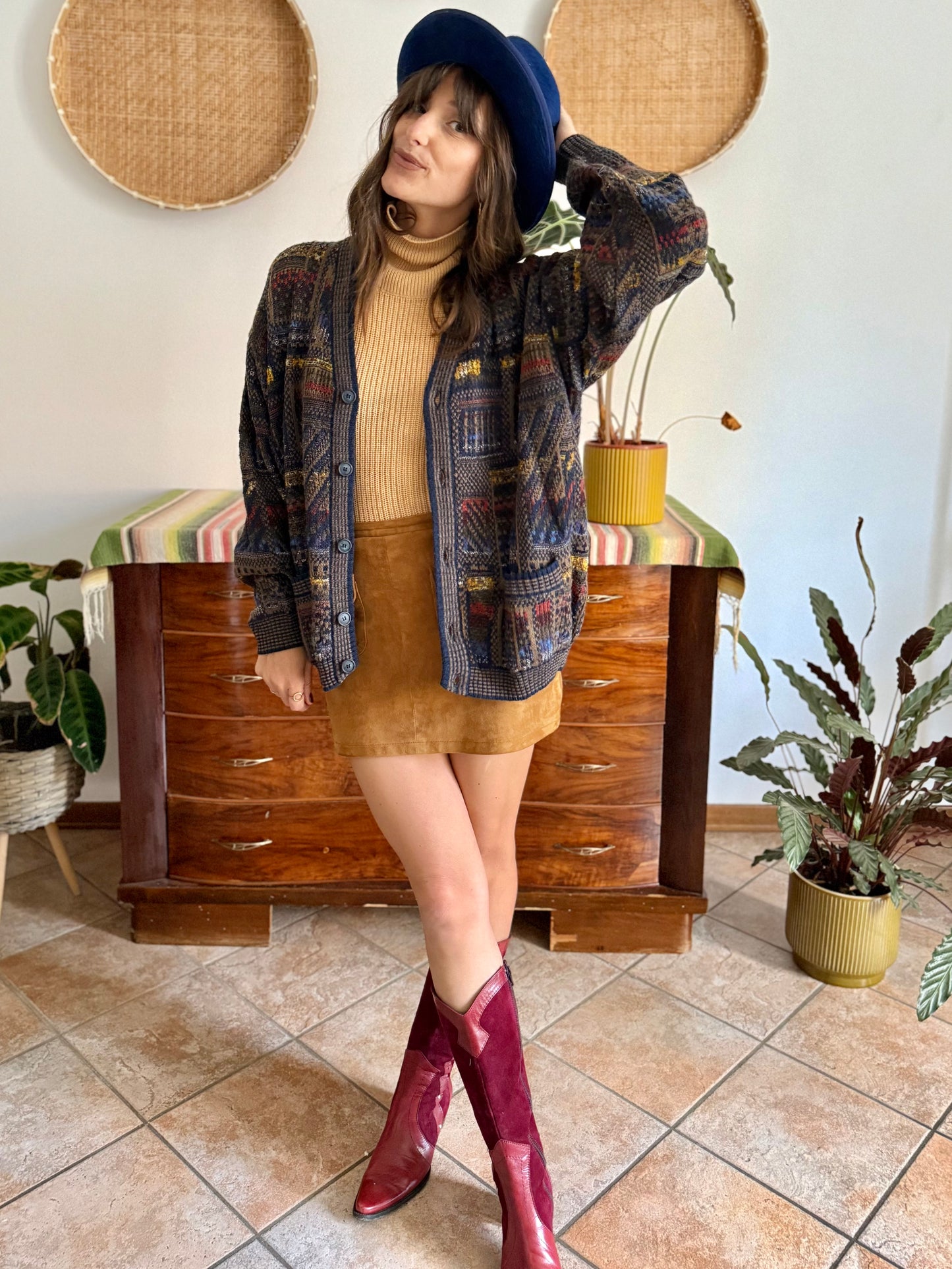 1970's vintage navy blue, chocolate brown and yellow geometric knit wool cardigan