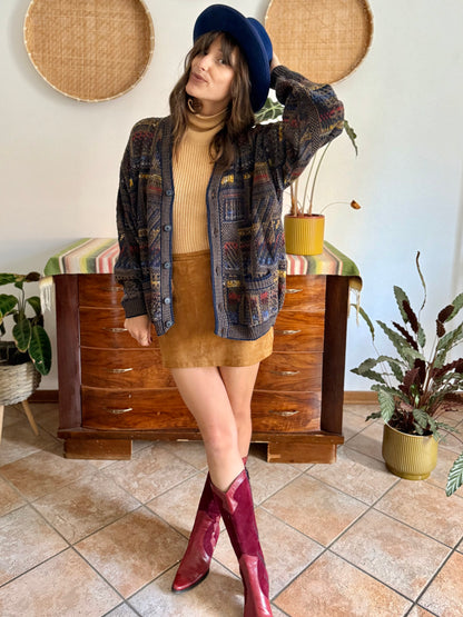 1970's vintage navy blue, chocolate brown and yellow geometric knit wool cardigan