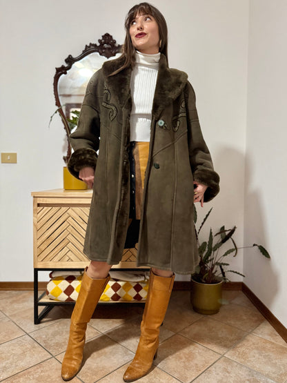 1970's vintage chocolate brown shearling monotone coat with embroidery details