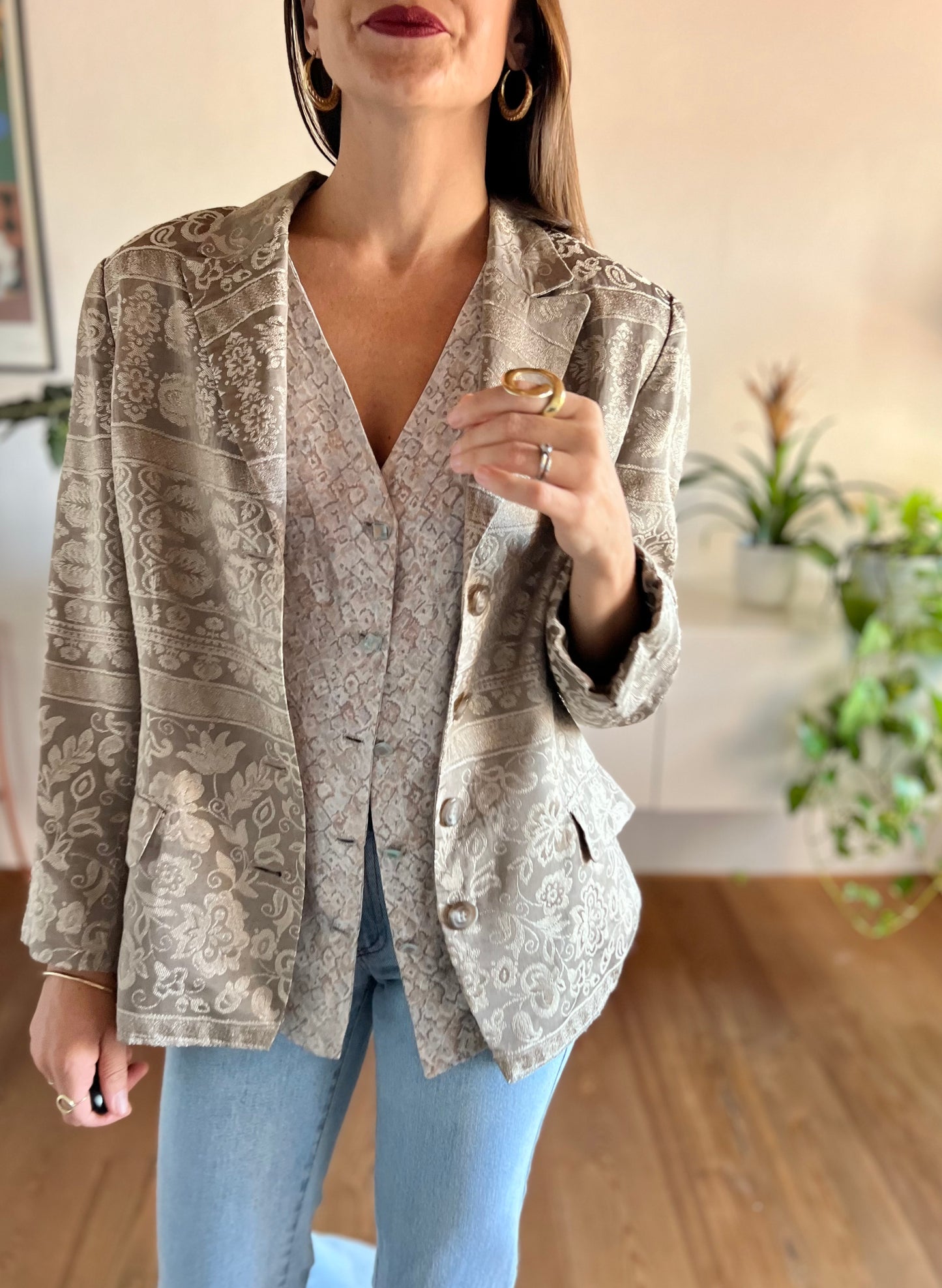 1970's vintage tan floral brocade blazer