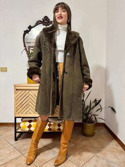 1970's vintage chocolate brown shearling monotone coat with embroidery details