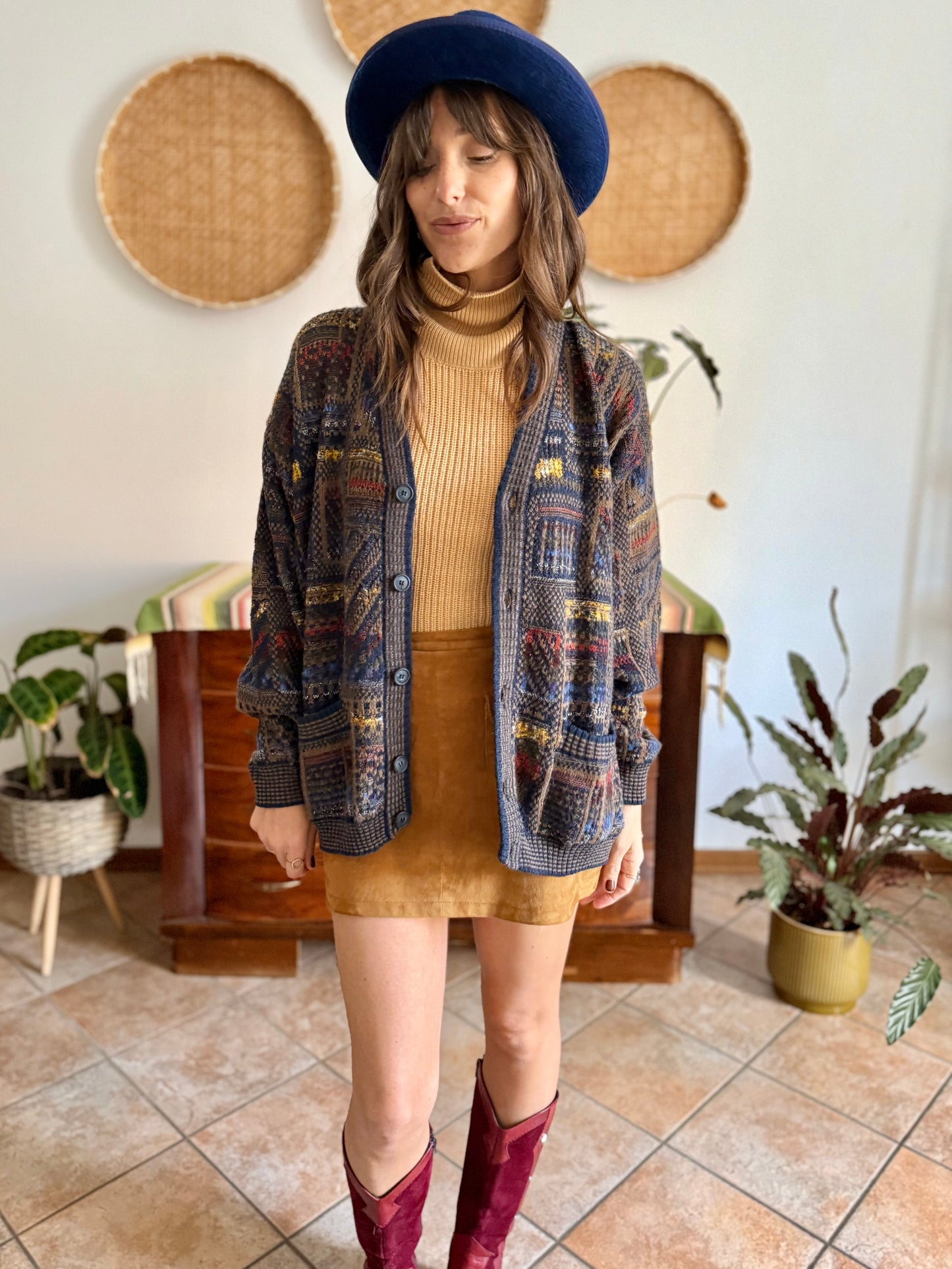 1970's vintage navy blue, chocolate brown and yellow geometric knit wool cardigan