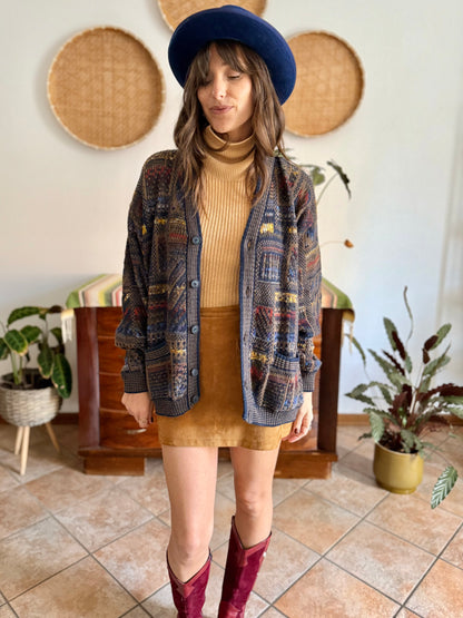 1970's vintage navy blue, chocolate brown and yellow geometric knit wool cardigan