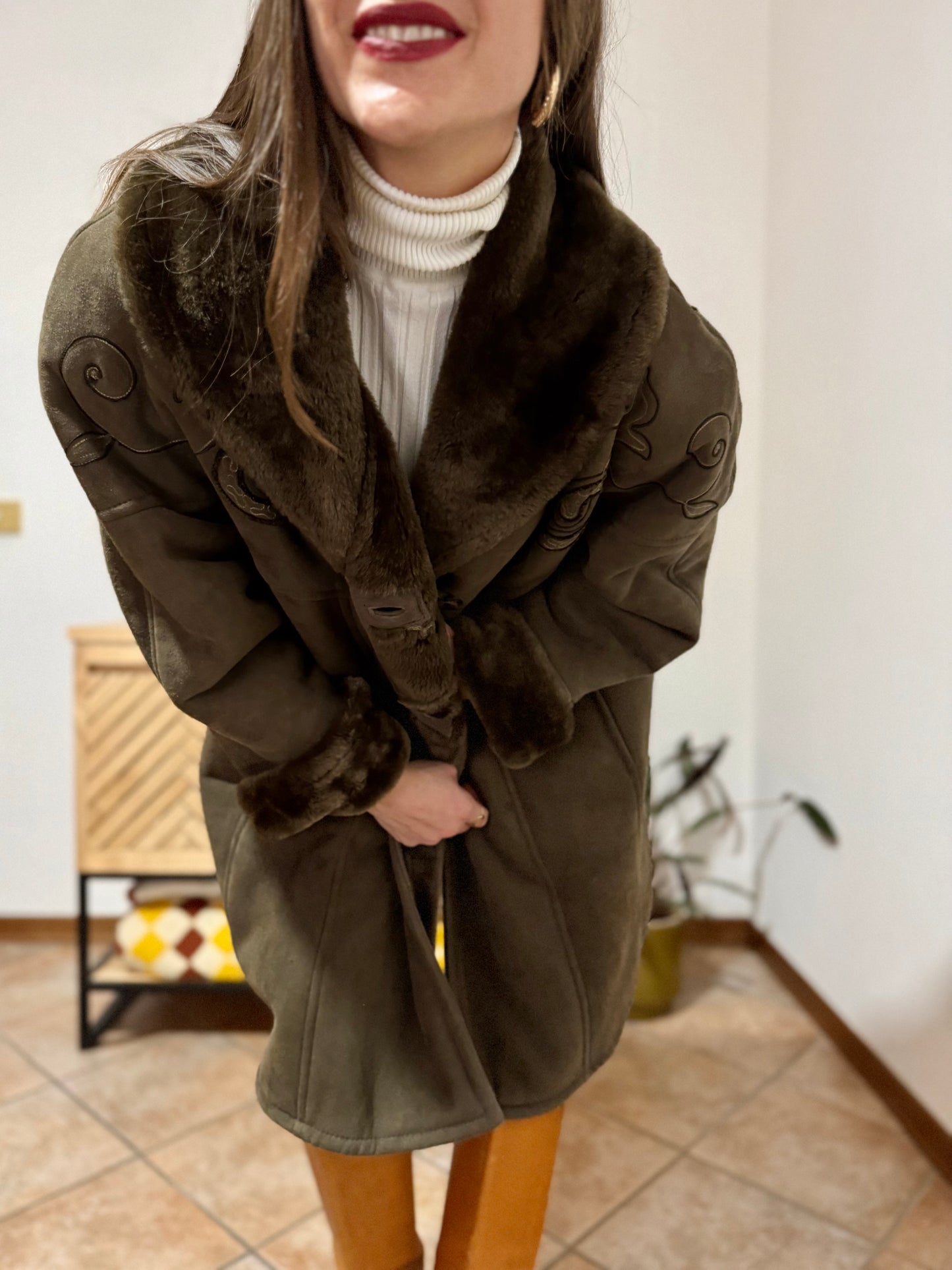 1970's vintage chocolate brown shearling monotone coat with embroidery details