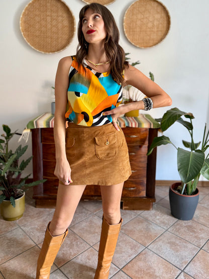 1970's vintage semi sheer yellow, orange and turquoise geometric print blouse