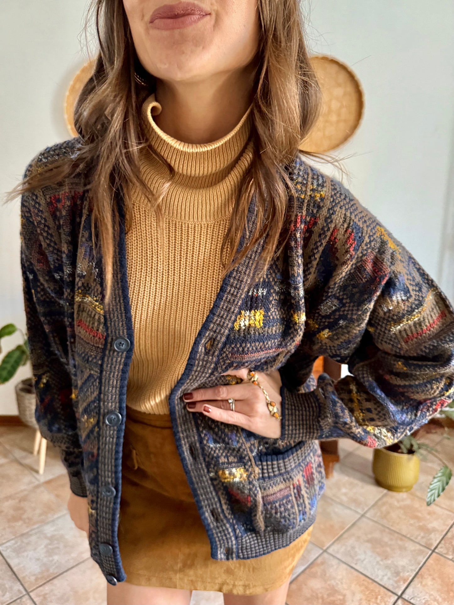 1970's vintage navy blue, chocolate brown and yellow geometric knit wool cardigan