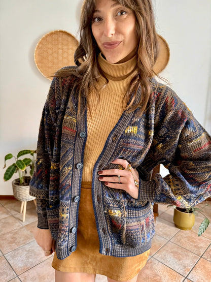 1970's vintage navy blue, chocolate brown and yellow geometric knit wool cardigan