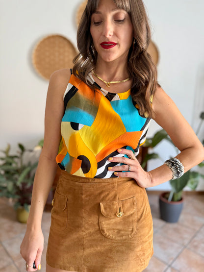 1970's vintage semi sheer yellow, orange and turquoise geometric print blouse
