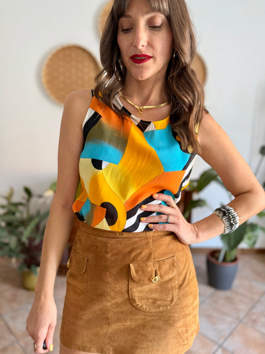 1970's vintage semi sheer yellow, orange and turquoise geometric print blouse