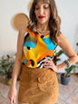 1970's vintage semi sheer yellow, orange and turquoise geometric print blouse