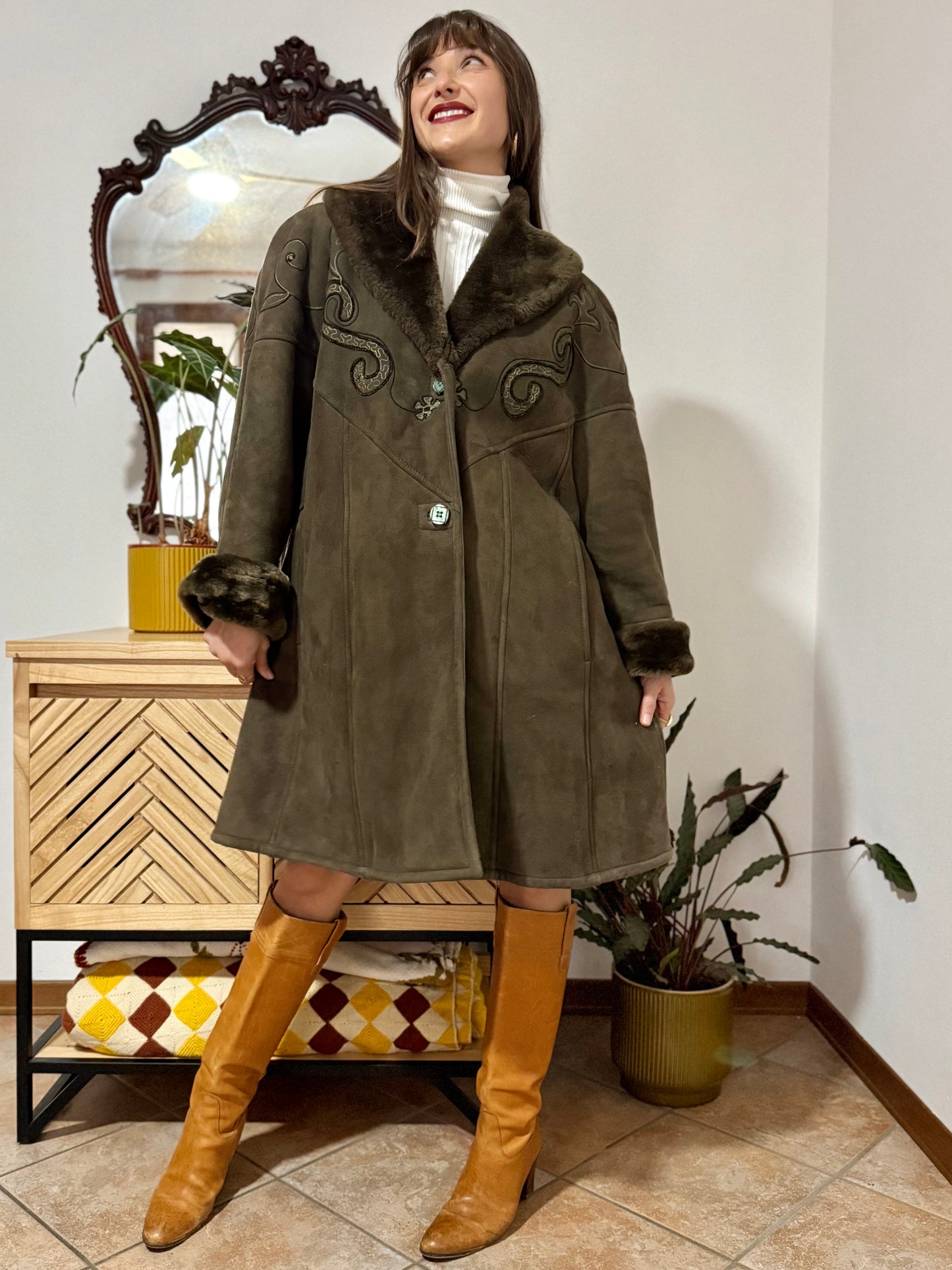1970's vintage chocolate brown shearling monotone coat with embroidery details