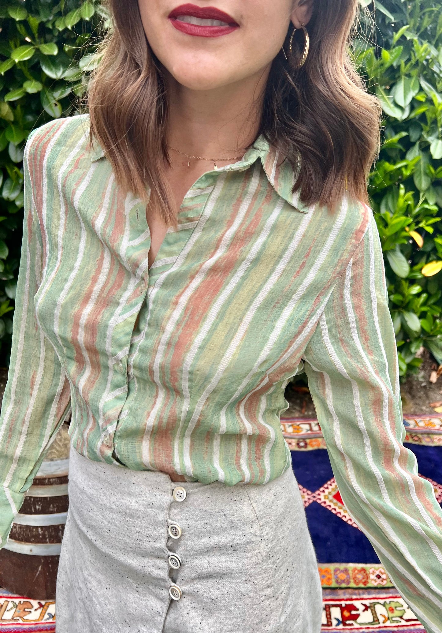 1970's vintage green and beige semi sheer textured stripe blouse