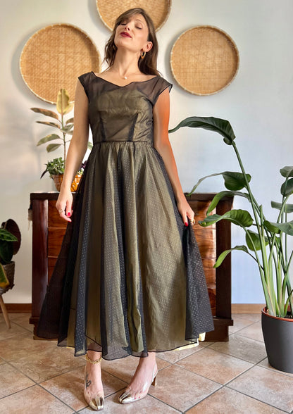 1950's custom made butter yellow and black tulle midi dress