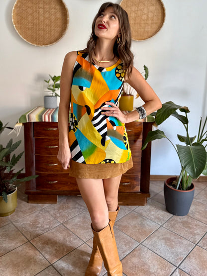 1970's vintage semi sheer yellow, orange and turquoise geometric print blouse