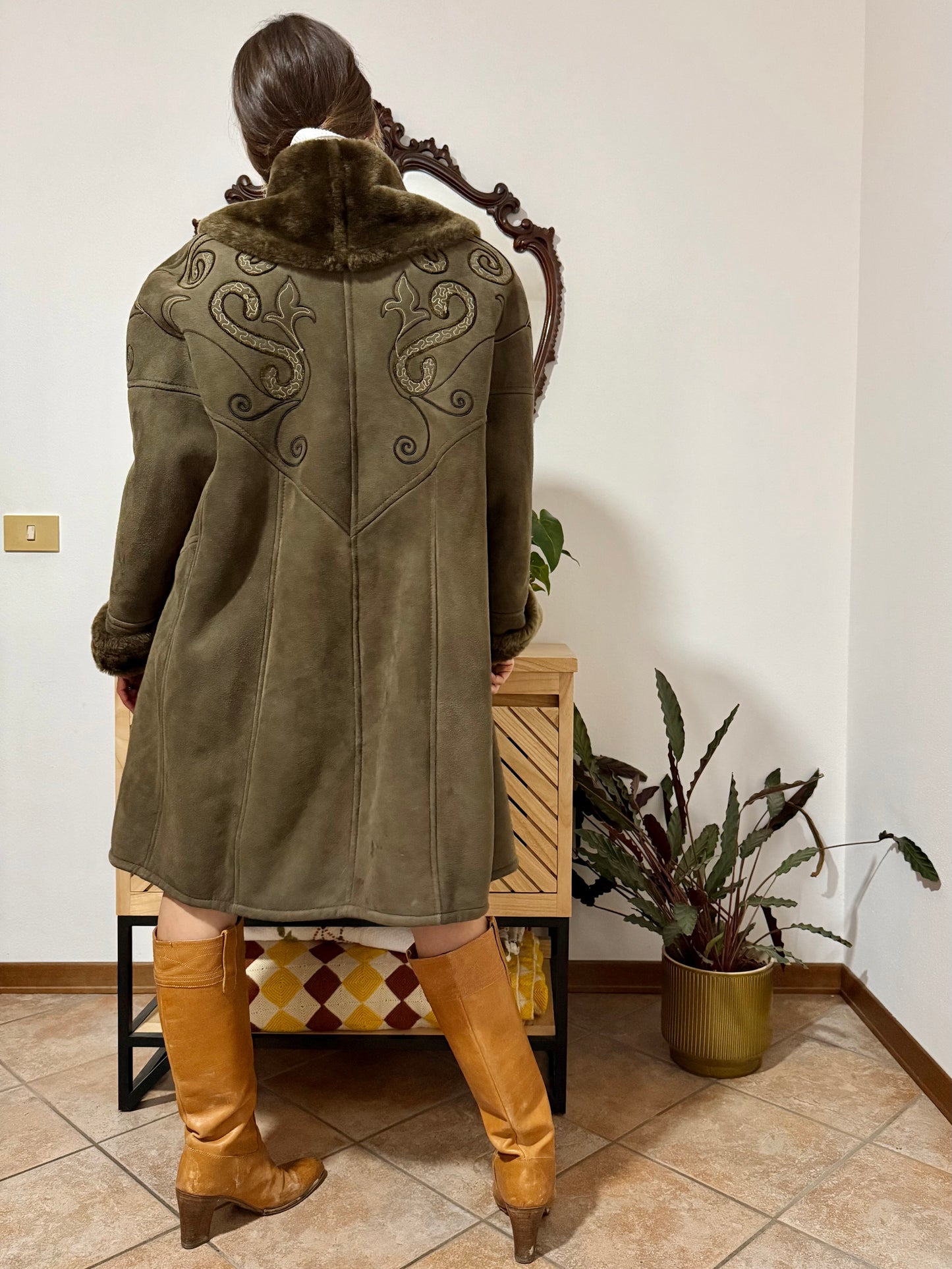 1970's vintage chocolate brown shearling monotone coat with embroidery details