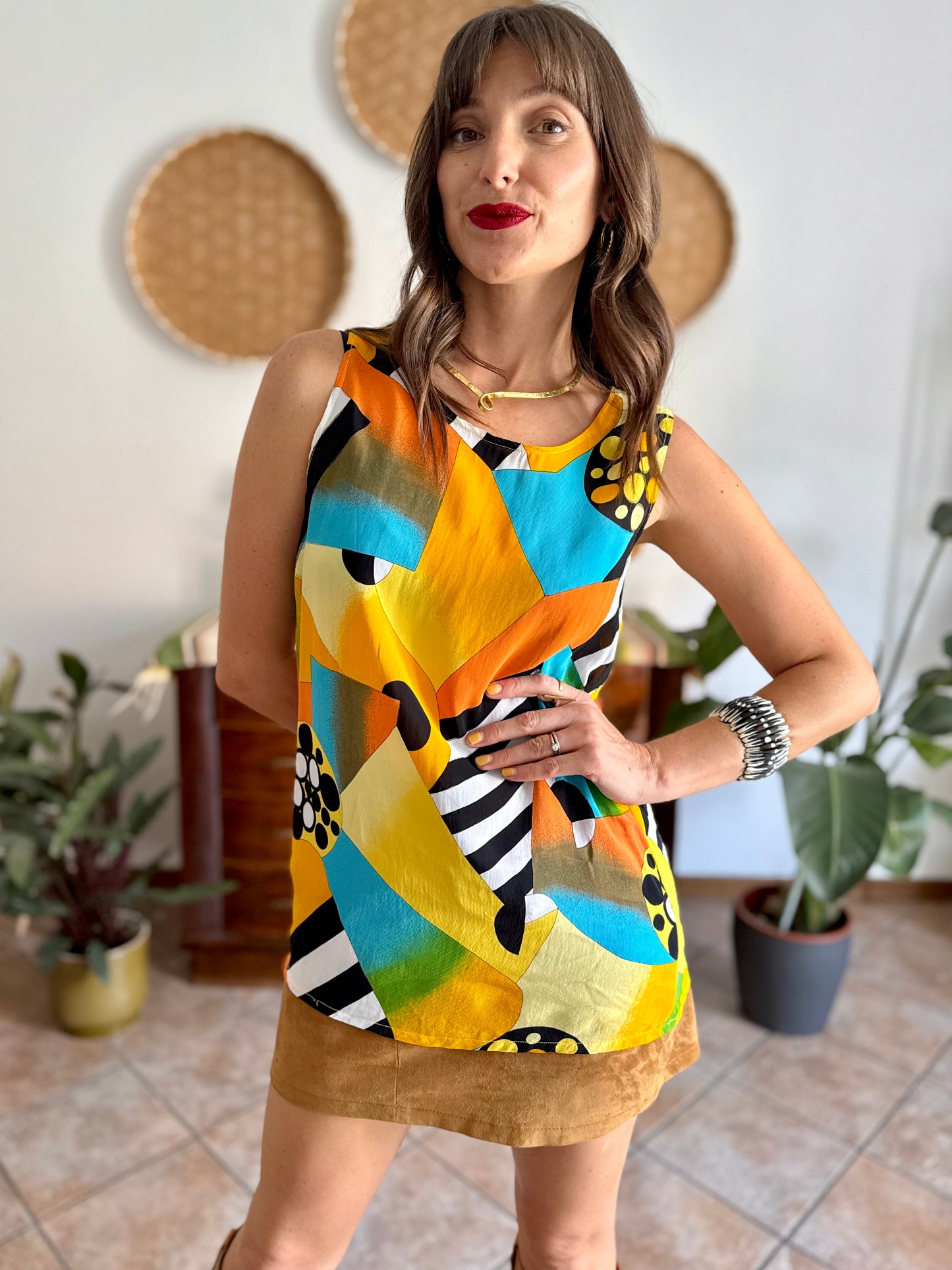 1970's vintage semi sheer yellow, orange and turquoise geometric print blouse
