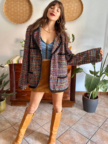 1990's vintage rainbow boucle blazer with black fringe trimming
