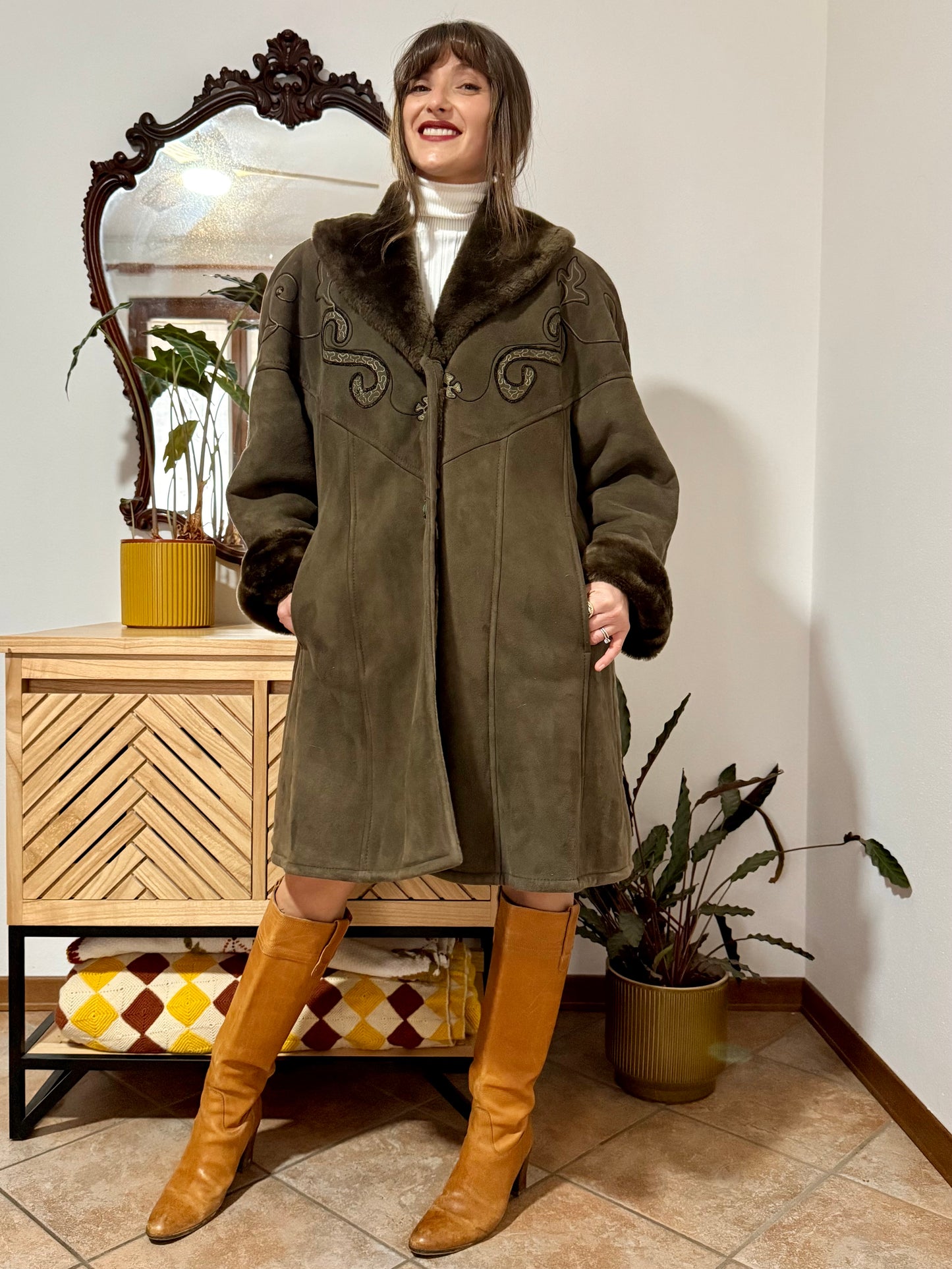 1970's vintage chocolate brown shearling monotone coat with embroidery details