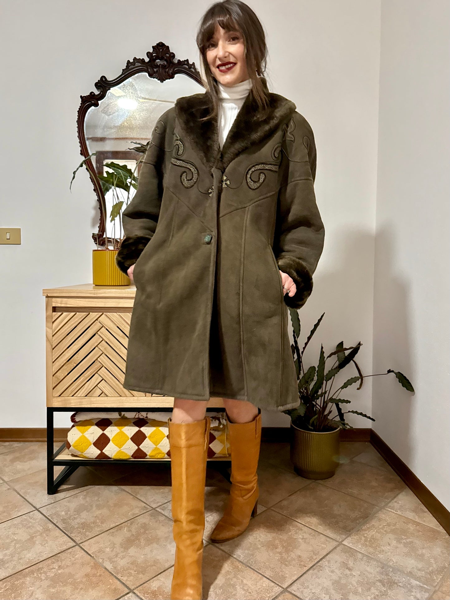 1970's vintage chocolate brown shearling monotone coat with embroidery details