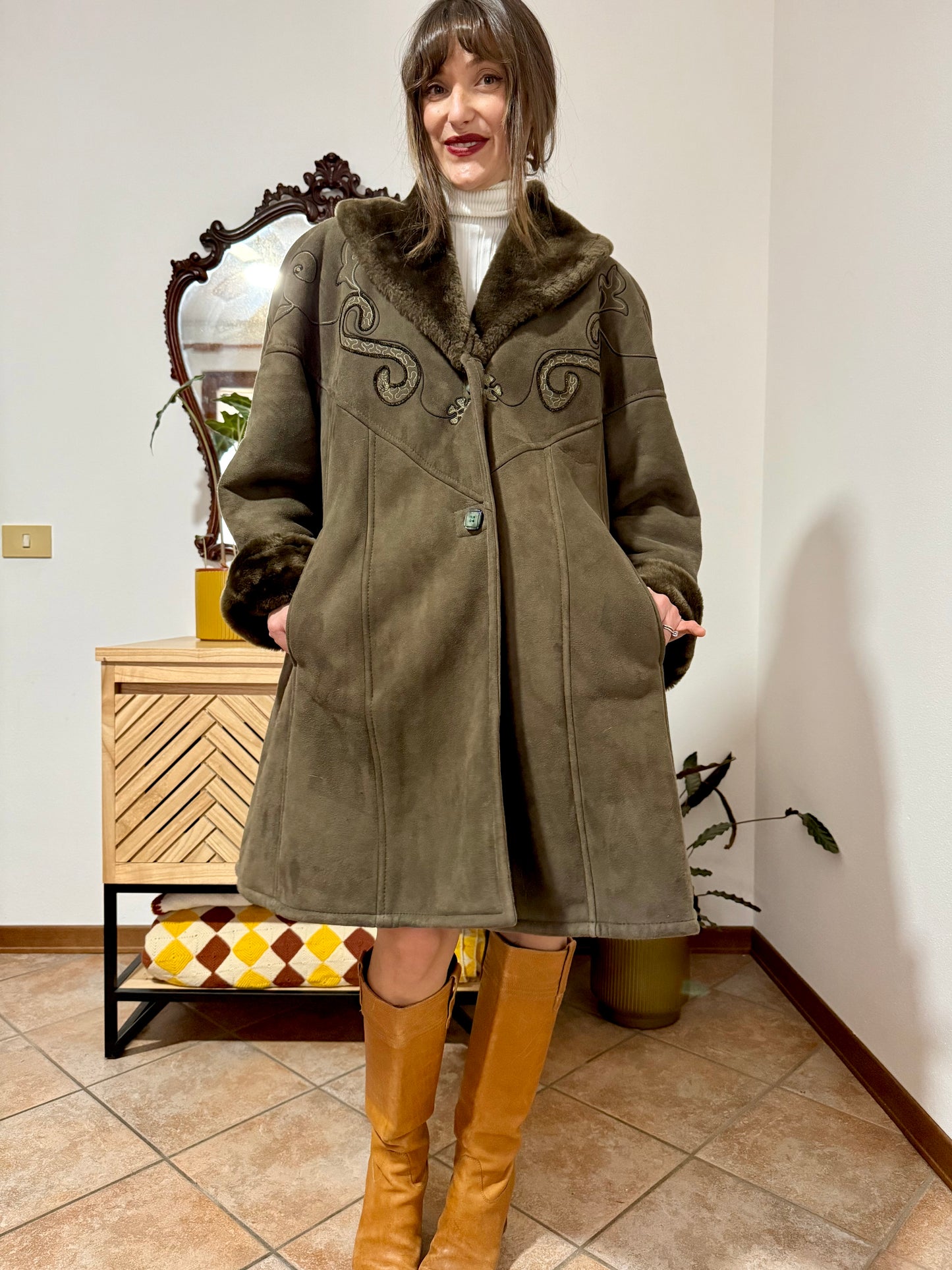 1970's vintage chocolate brown shearling monotone coat with embroidery details