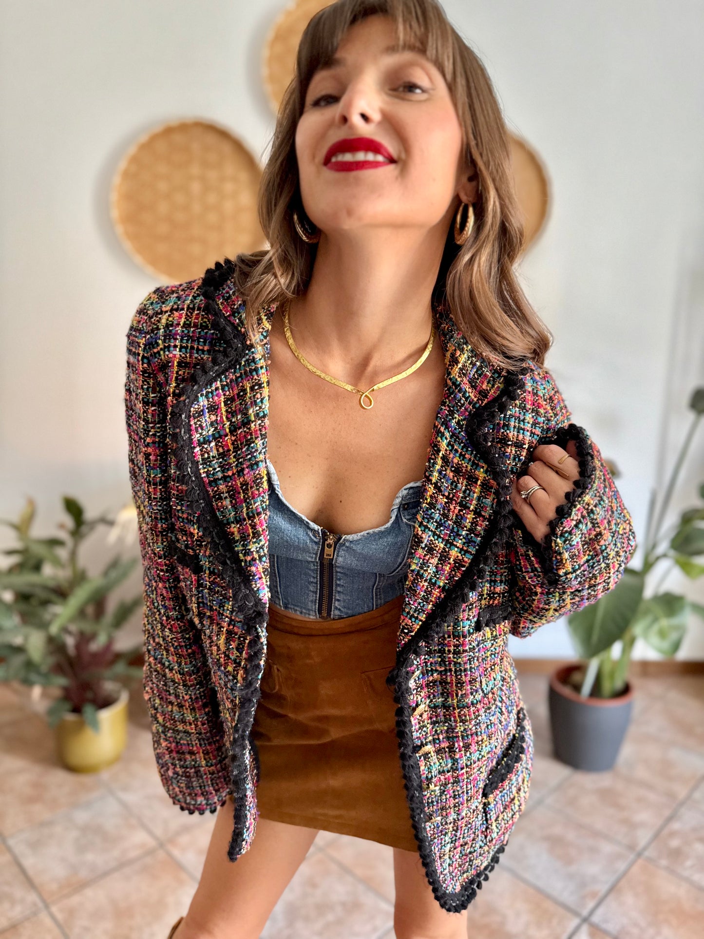 1990's vintage rainbow boucle blazer with black fringe trimming