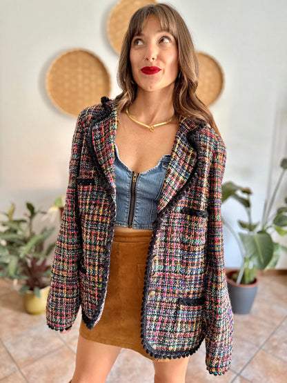 1990's vintage rainbow boucle blazer with black fringe trimming