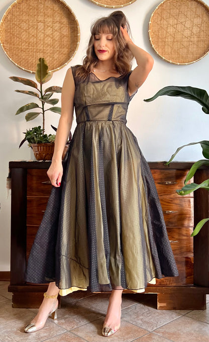 1950's custom made butter yellow and black tulle midi dress