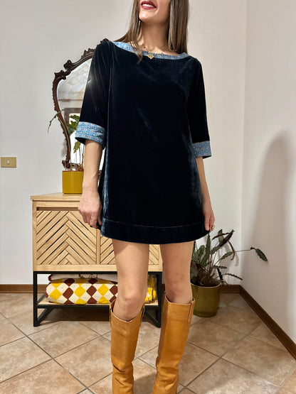 1970's vintage navy blue silk velvet mini dress with geometric ribbon detailing