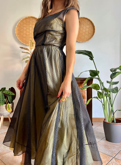 1950's custom made butter yellow and black tulle midi dress