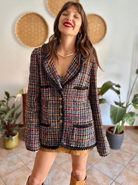 1990's vintage rainbow boucle blazer with black fringe trimming