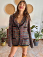 1990's vintage rainbow boucle blazer with black fringe trimming