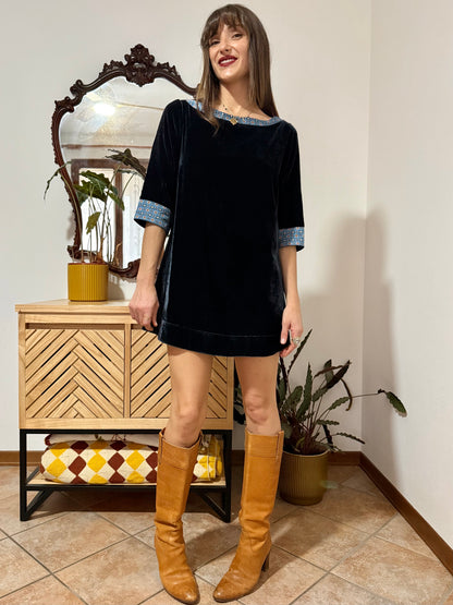 1970's vintage navy blue silk velvet mini dress with geometric ribbon detailing
