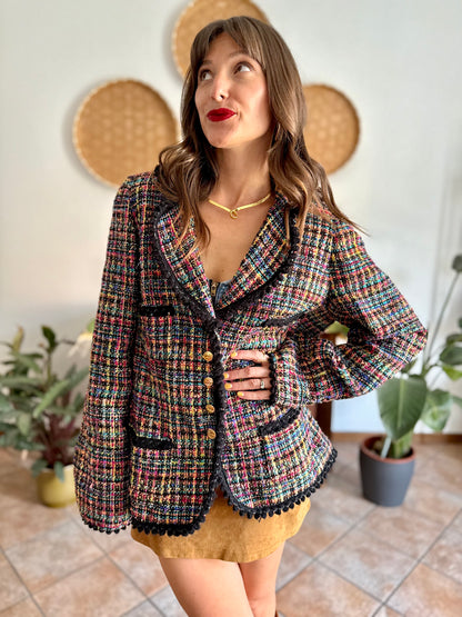 1990's vintage rainbow boucle blazer with black fringe trimming
