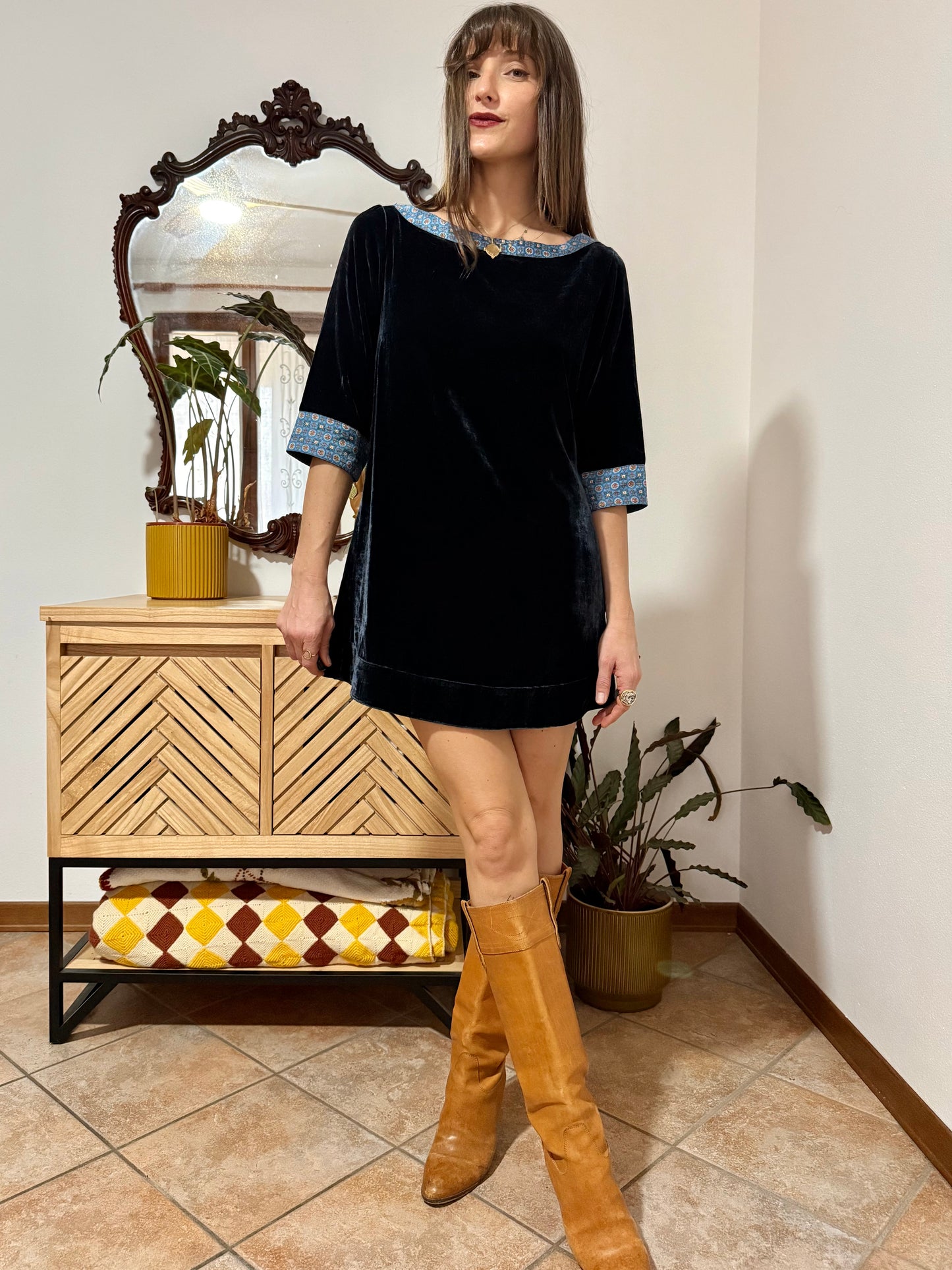 1970's vintage navy blue silk velvet mini dress with geometric ribbon detailing