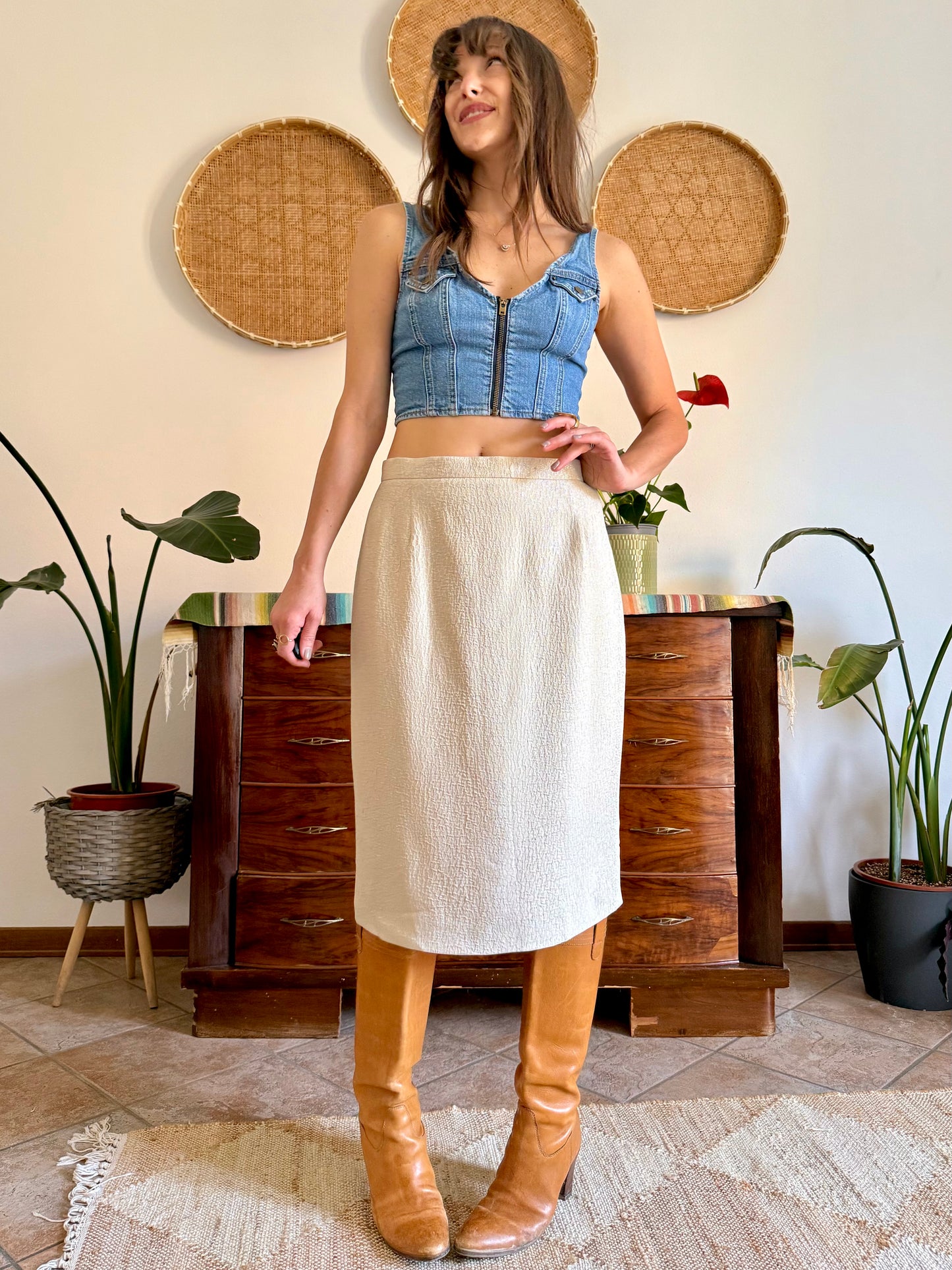 1970's vintage cream and silver woven textured midi skirt
