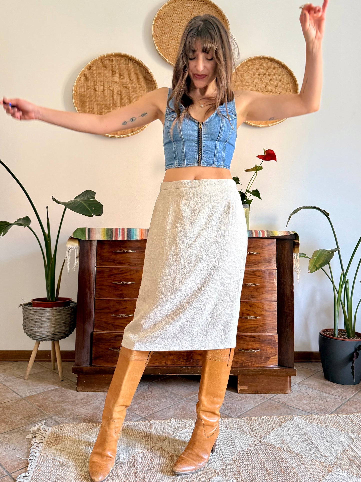 1970's vintage cream and silver woven textured midi skirt