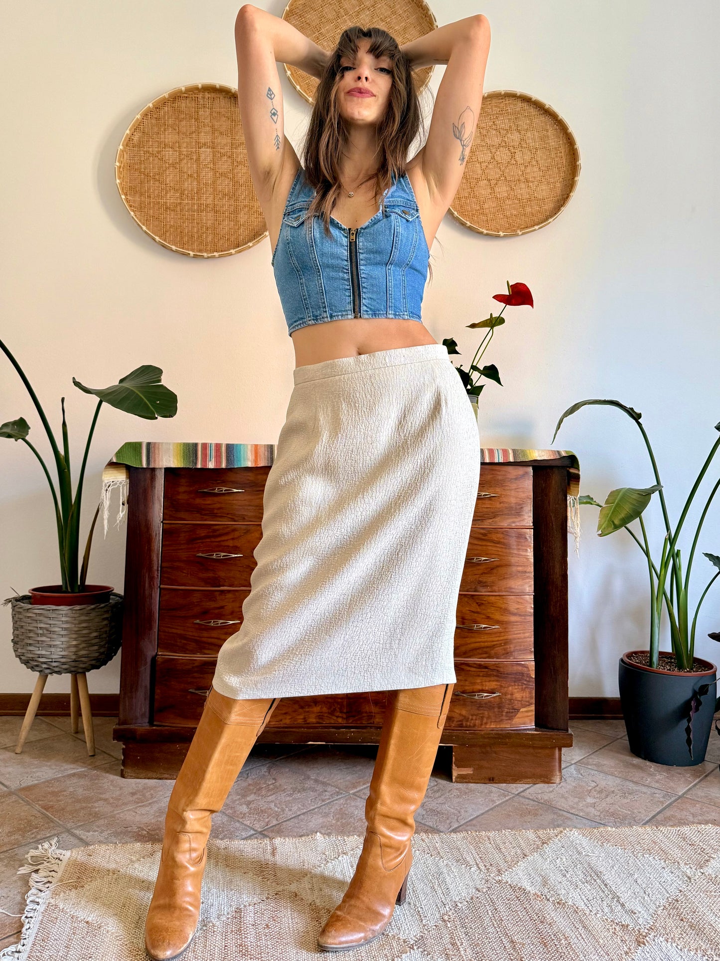 1970's vintage cream and silver woven textured midi skirt