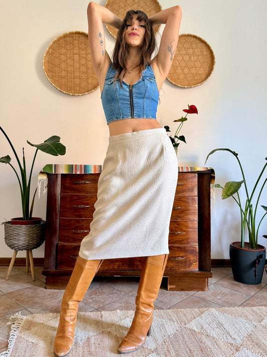 1970's vintage cream and silver woven textured midi skirt